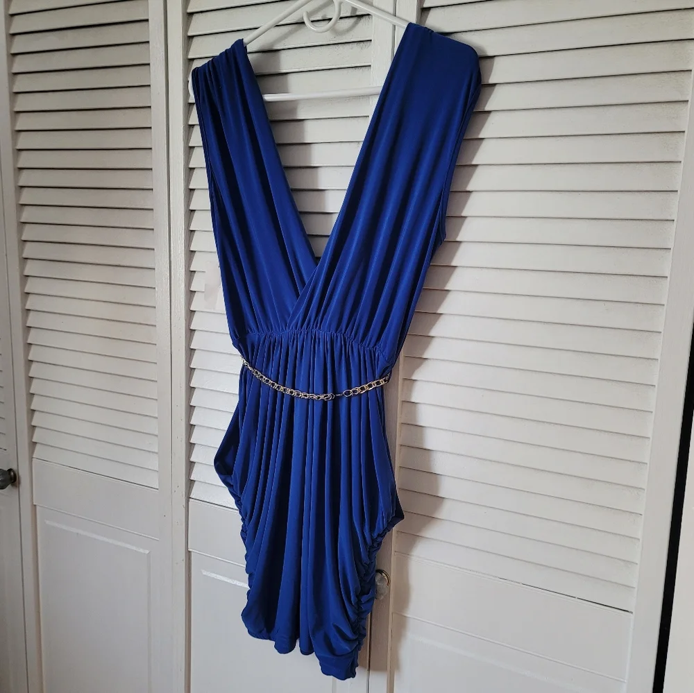 FASHION MAGAZINE V-Neck Jersey Dress w. Gold Chain Belt, Size L - Picture 4 of 5